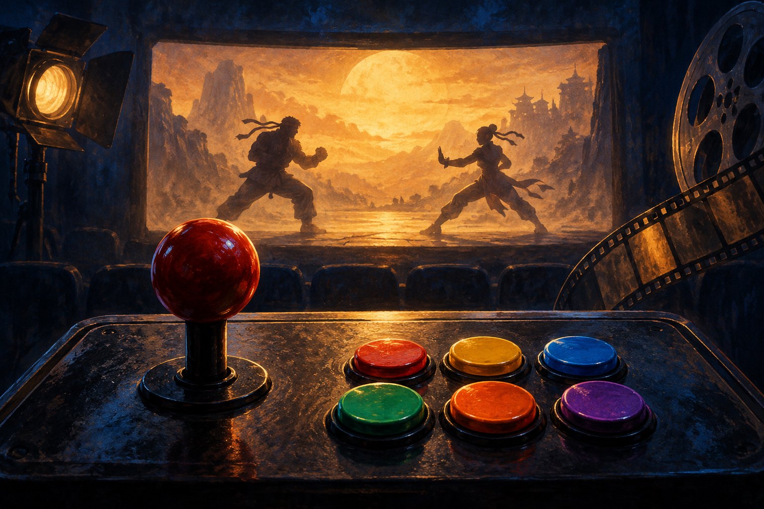 Conceptual illustration of an arcade joystick and colorful buttons beneath a glowing screen with two martial artist silhouettes.