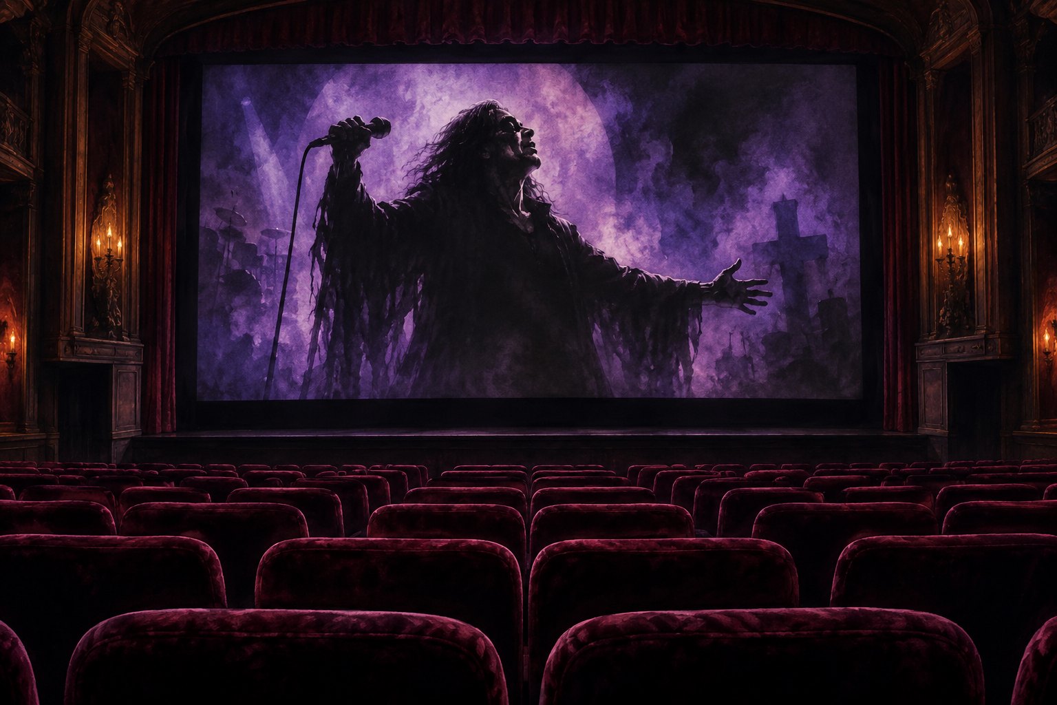 Conceptual illustration of an empty cinema with a long-haired rock singer on a violet-lit screen.