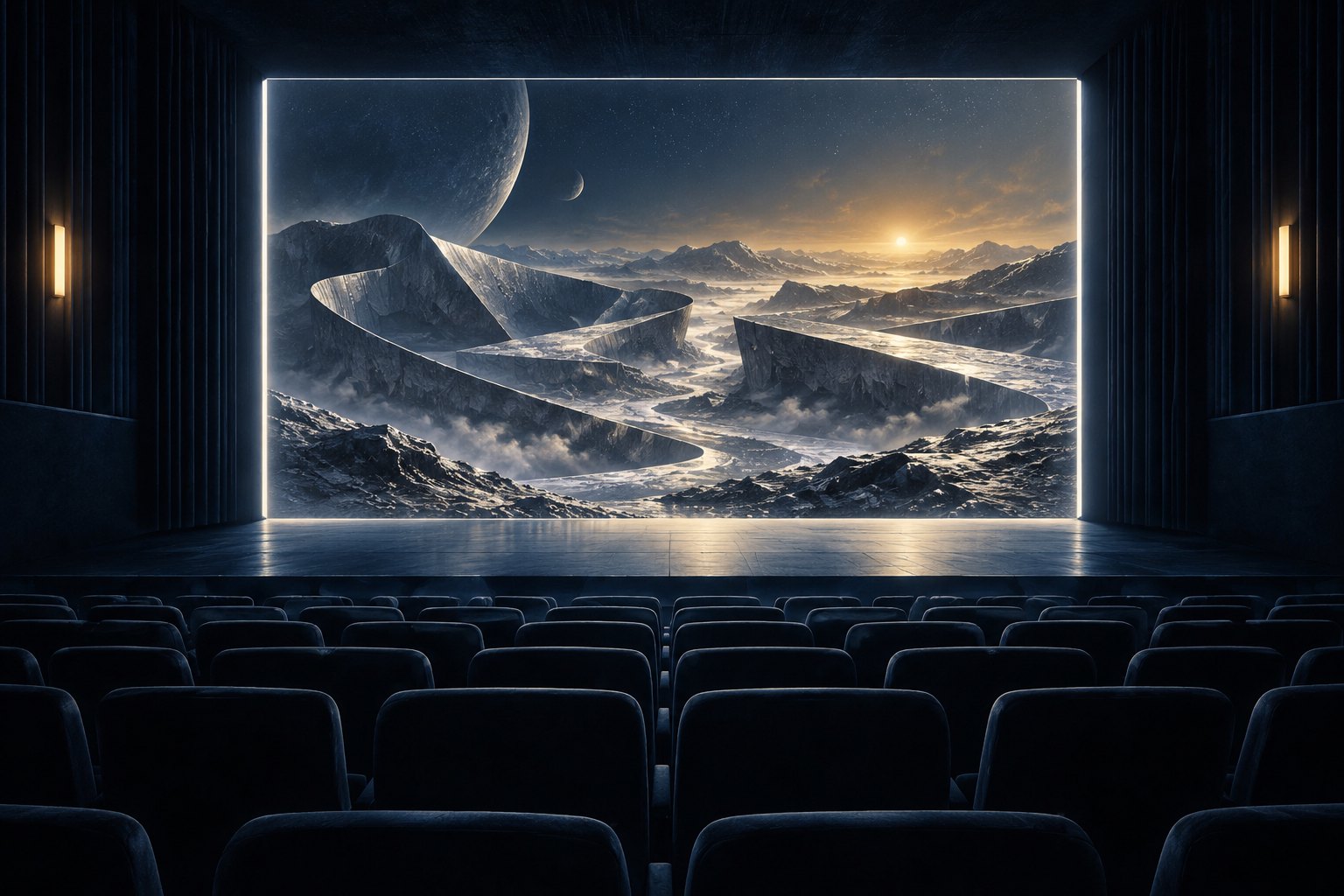 Conceptual illustration of an empty movie theater facing a luminous screen filled with an impossible silver landscape.