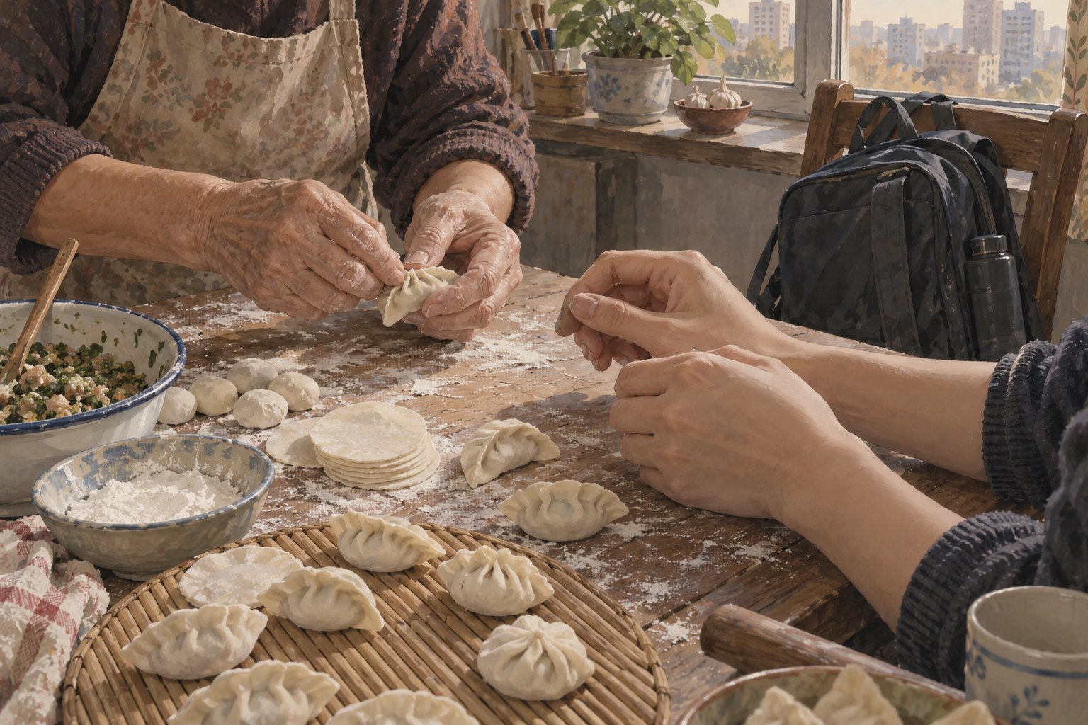 生活主题插画：长辈与年轻人在木桌旁包饺子，椅背上的通勤背包与窗外楼房映出当代日常