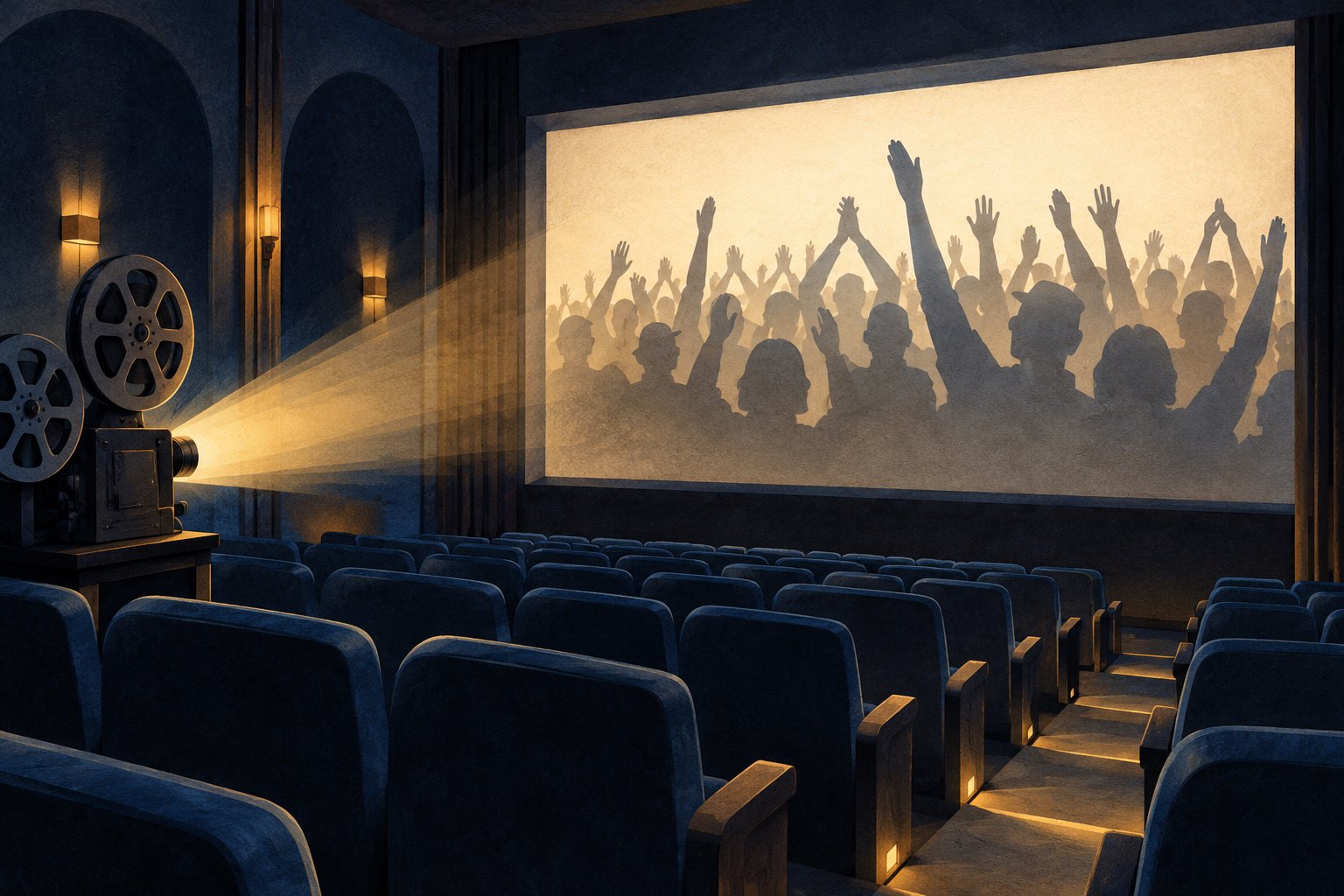 Conceptual illustration of an empty blue movie theater with a crowd of silhouettes projected onto its screen.
