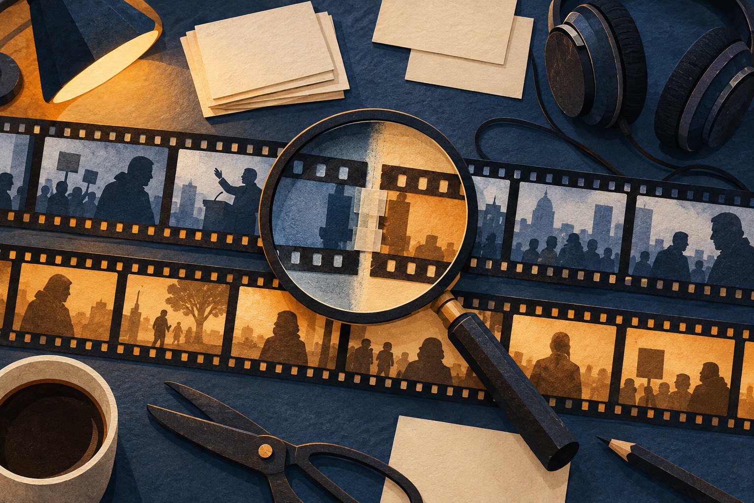 Editorial illustration of a magnifying glass examining film strips beside headphones and blank cards on an editing desk.