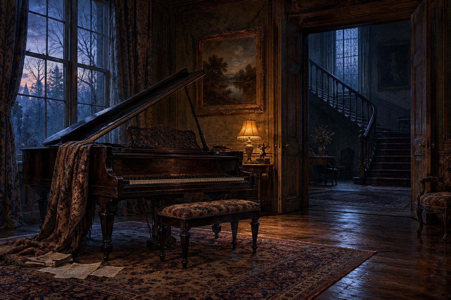 An atmospheric illustration of an empty mansion music room with a grand piano and a shadowed staircase beyond the doorway.