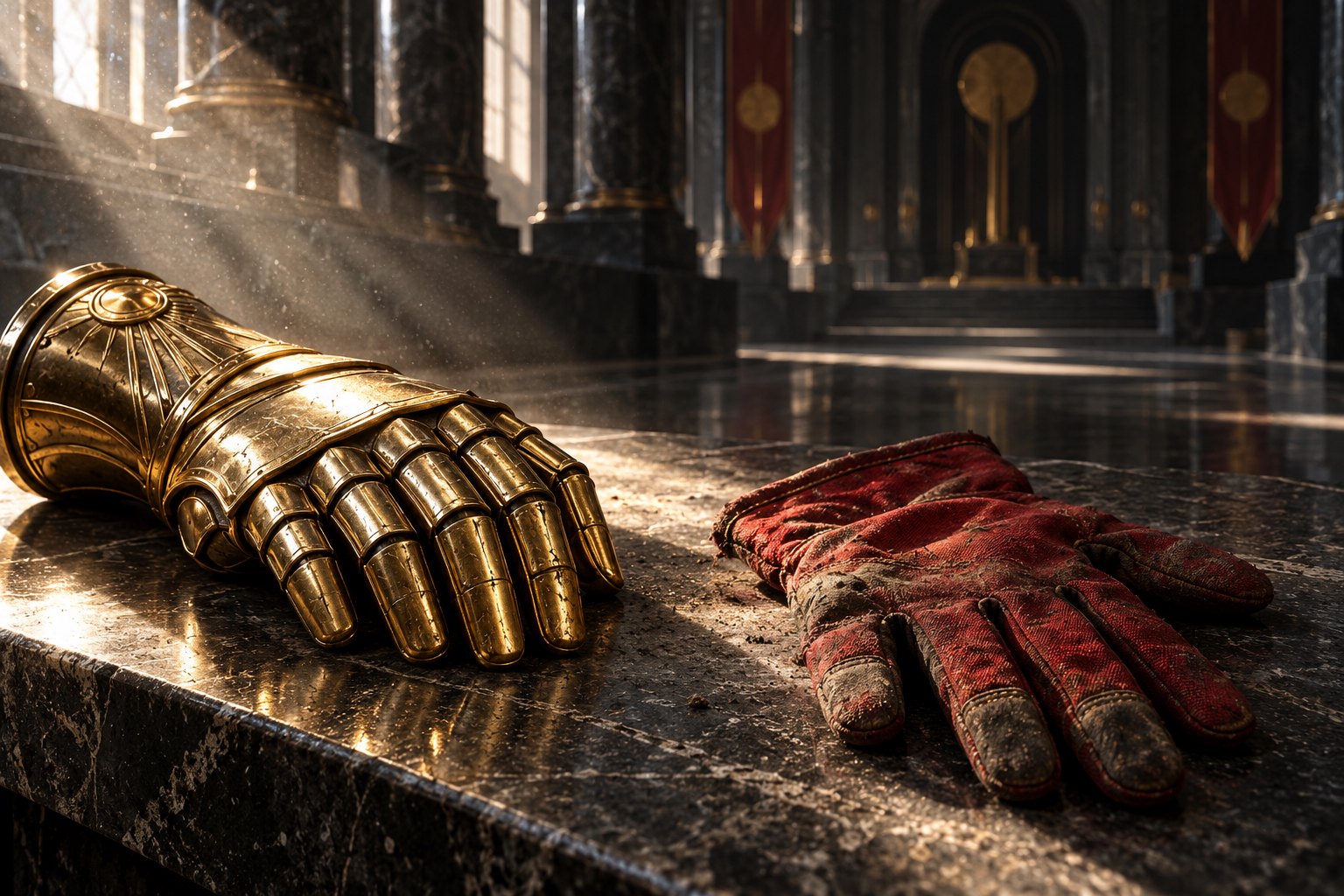 Symbolic illustration of a golden armored gauntlet beside a worn red work glove on a stone table.