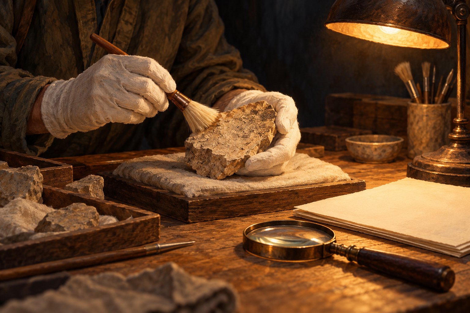 Conceptual illustration of gloved hands brushing a stone fragment beside a magnifying glass and blank papers under warm lamplight.