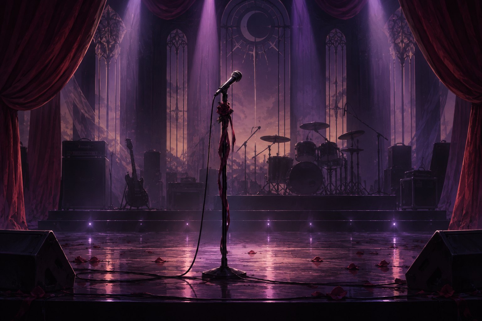 Original editorial illustration of an empty music stage with a foreground microphone, burgundy curtains, and violet spotlights.