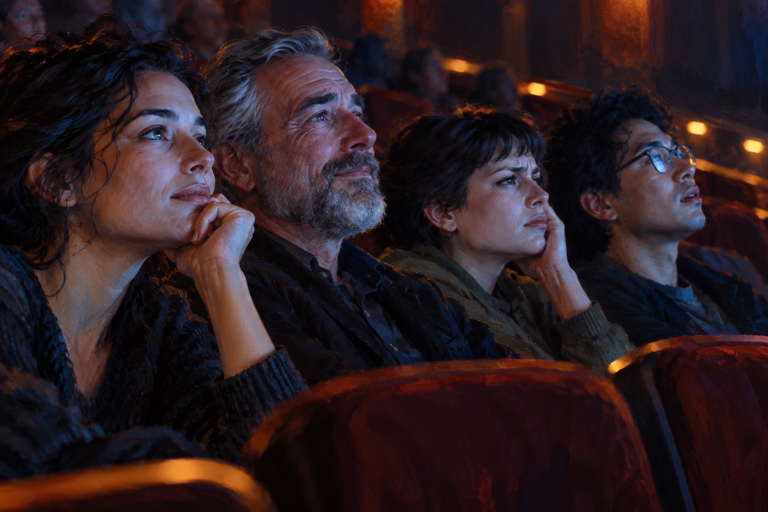 Painterly illustration of four moviegoers watching an unseen screen with different expressions in a dark theater.
