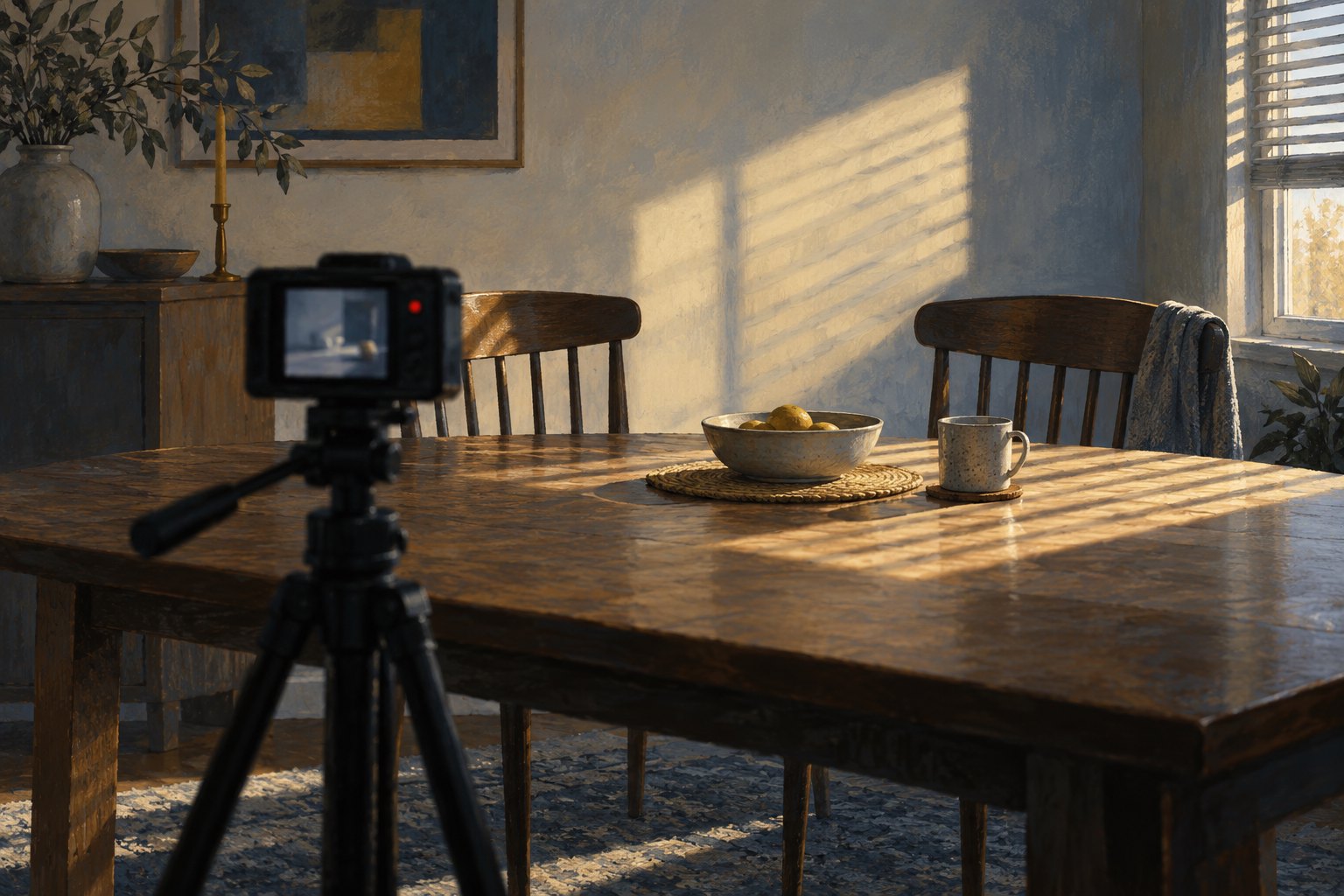 Conceptual illustration of a camera aimed at two empty chairs across a sunlit dining table.