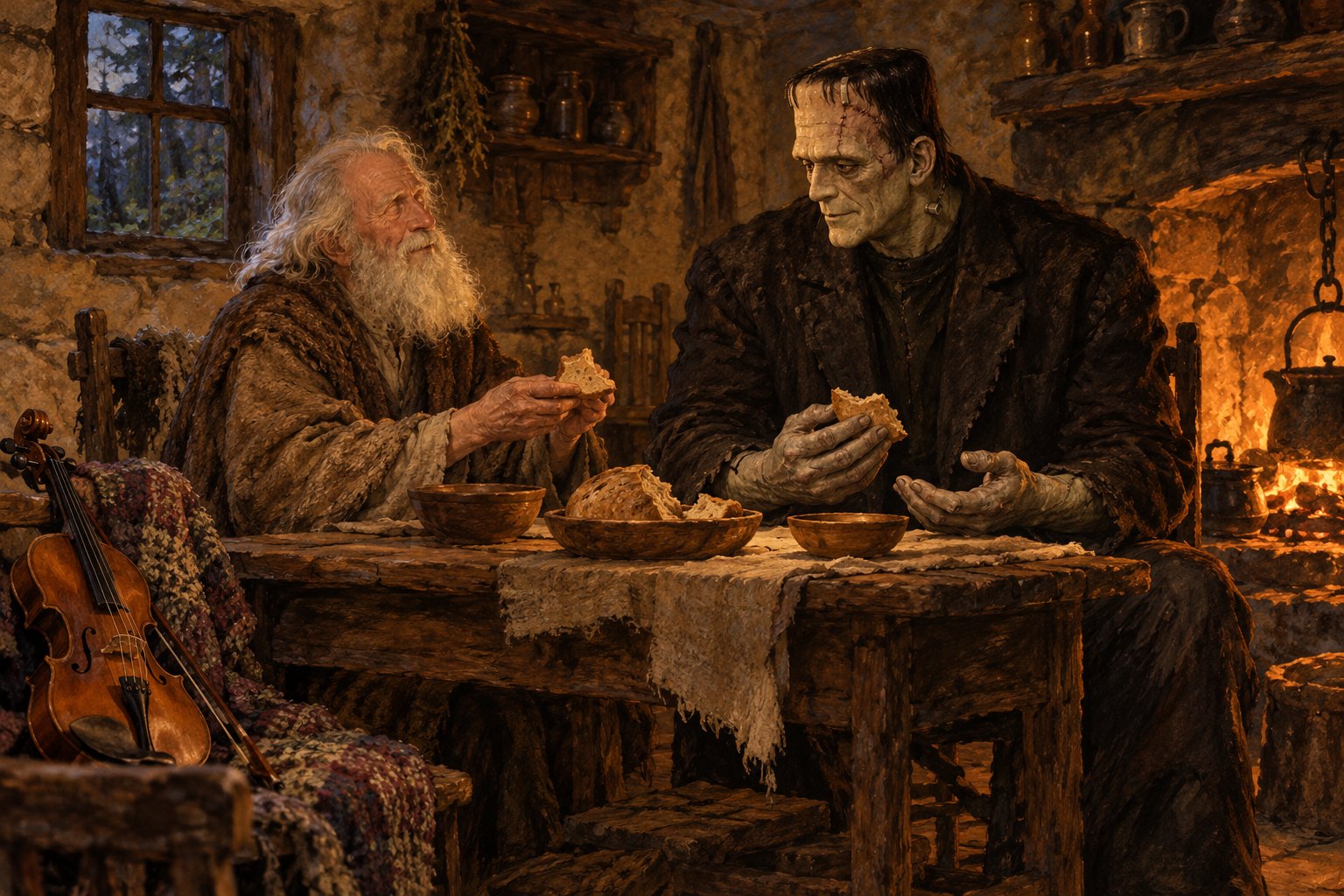 Warm-toned illustration of the creature and the blind hermit sharing bread beside a cottage fireplace, with a violin nearby.