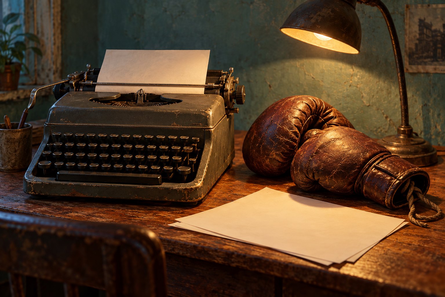Symbolic illustration of a vintage typewriter, blank paper, and worn boxing gloves beneath a warm desk lamp.