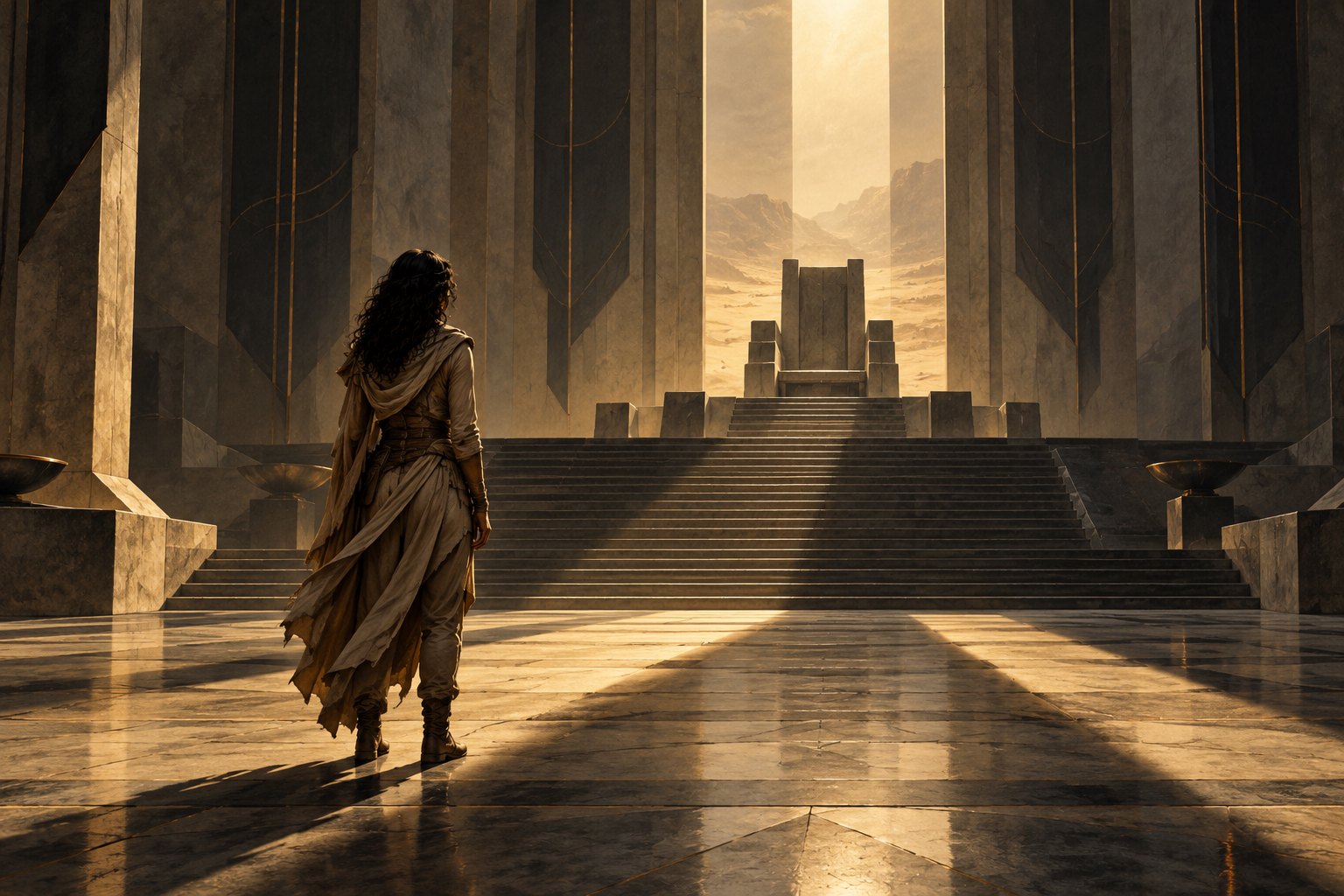 Conceptual illustration of a lone woman facing an empty throne in a monumental stone hall crossed by sunlight.