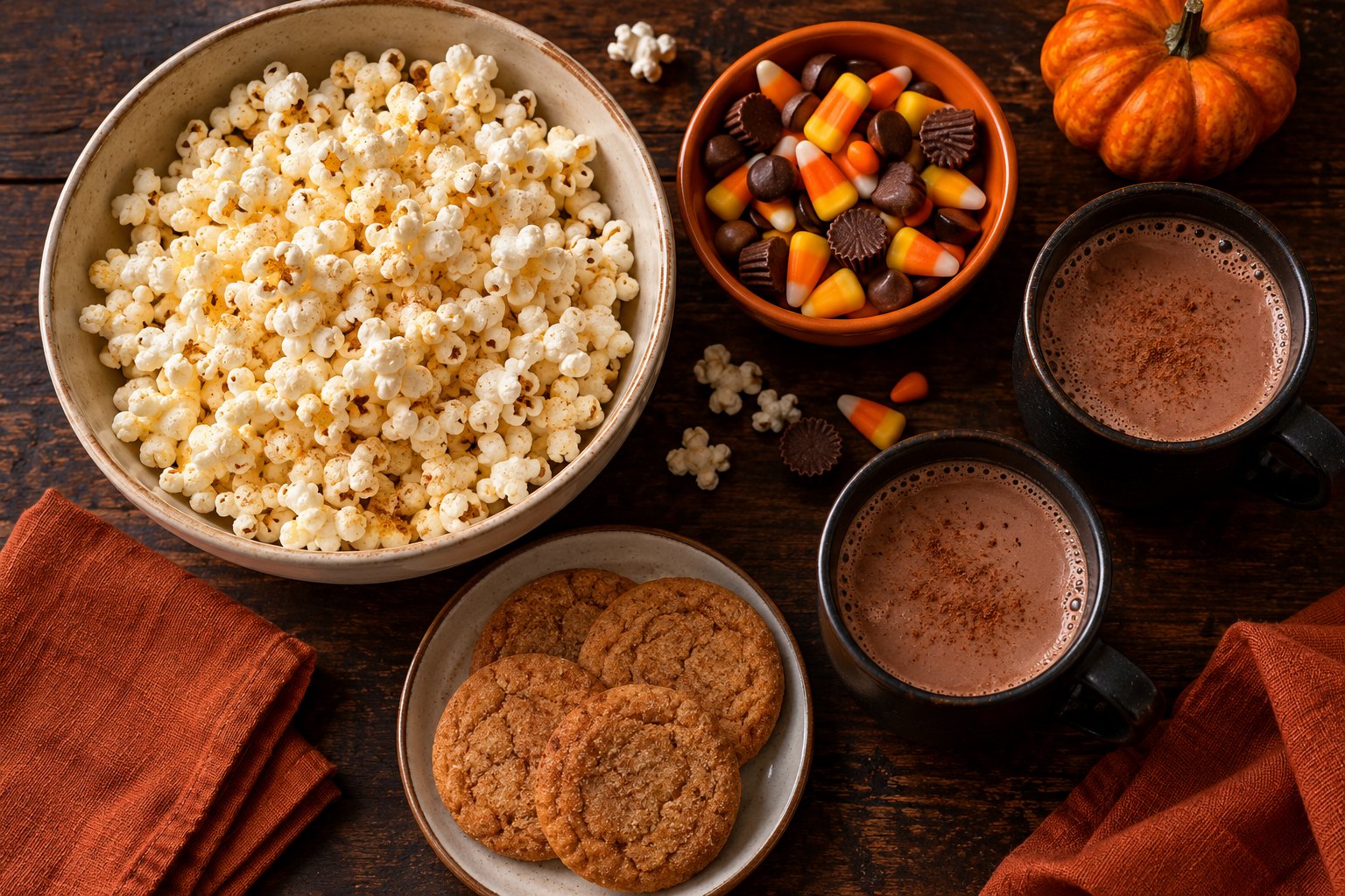 An overhead arrangement of popcorn, Halloween candy, cocoa, and cookies on a wooden table with orange napkins and a small pumpkin.
