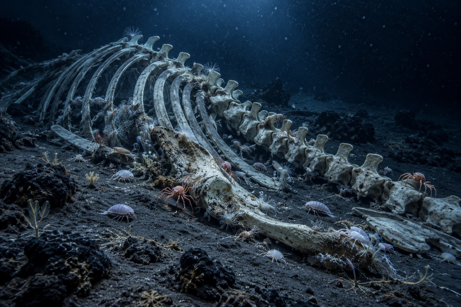 Natural-history illustration of a whale skeleton on the dark ocean floor surrounded by small marine scavengers.