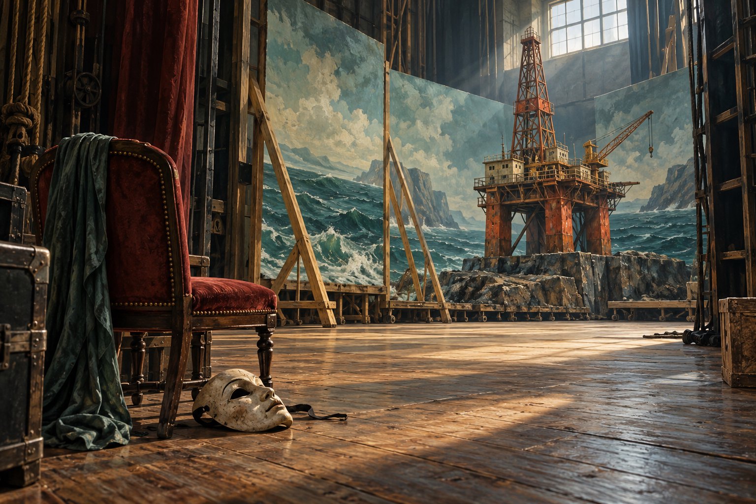 Conceptual illustration of a theatrical mask, empty chair, and oil derrick prop on a rehearsal stage.