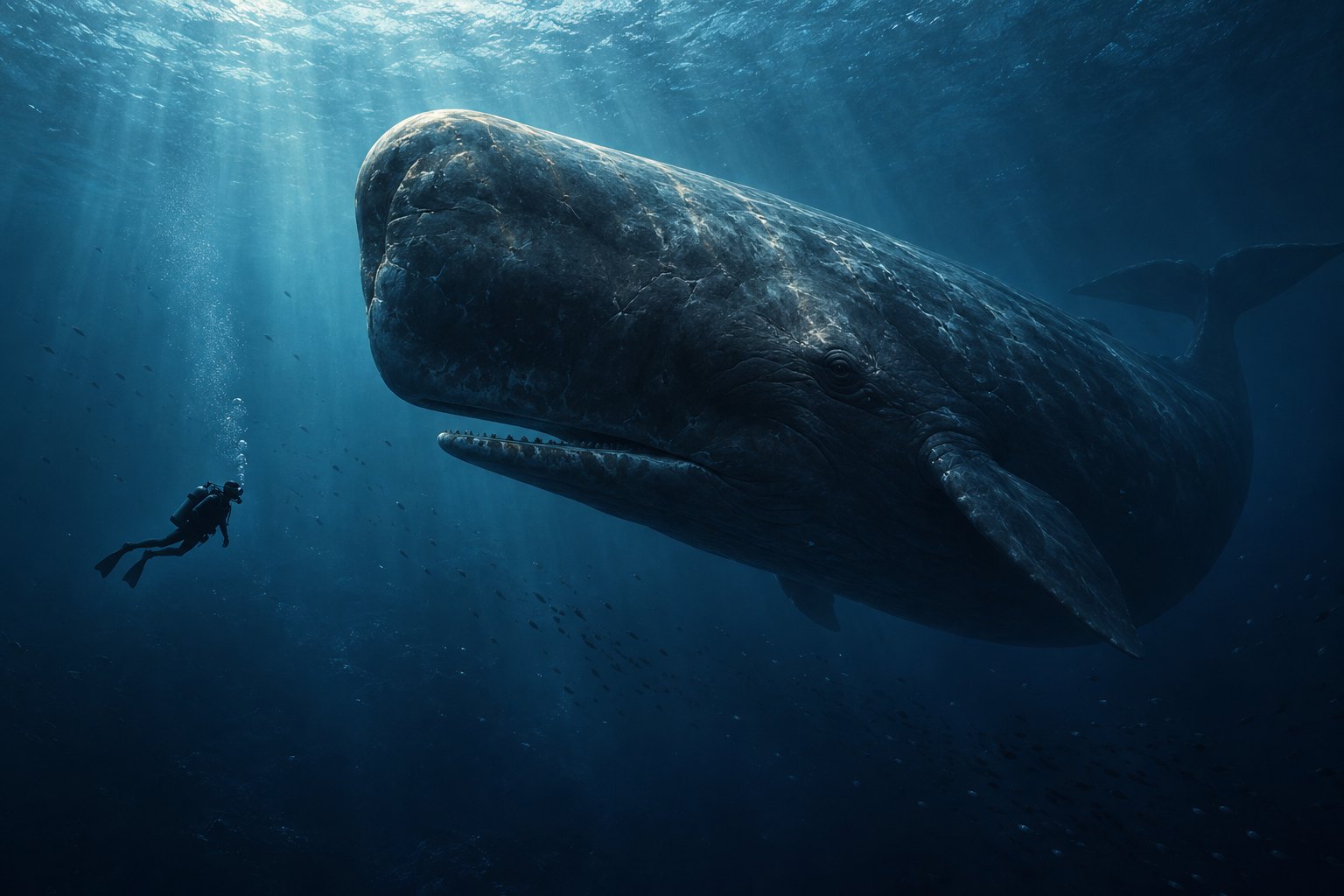 Conceptual underwater illustration of a small scuba diver dwarfed by a sperm whale in deep blue water.