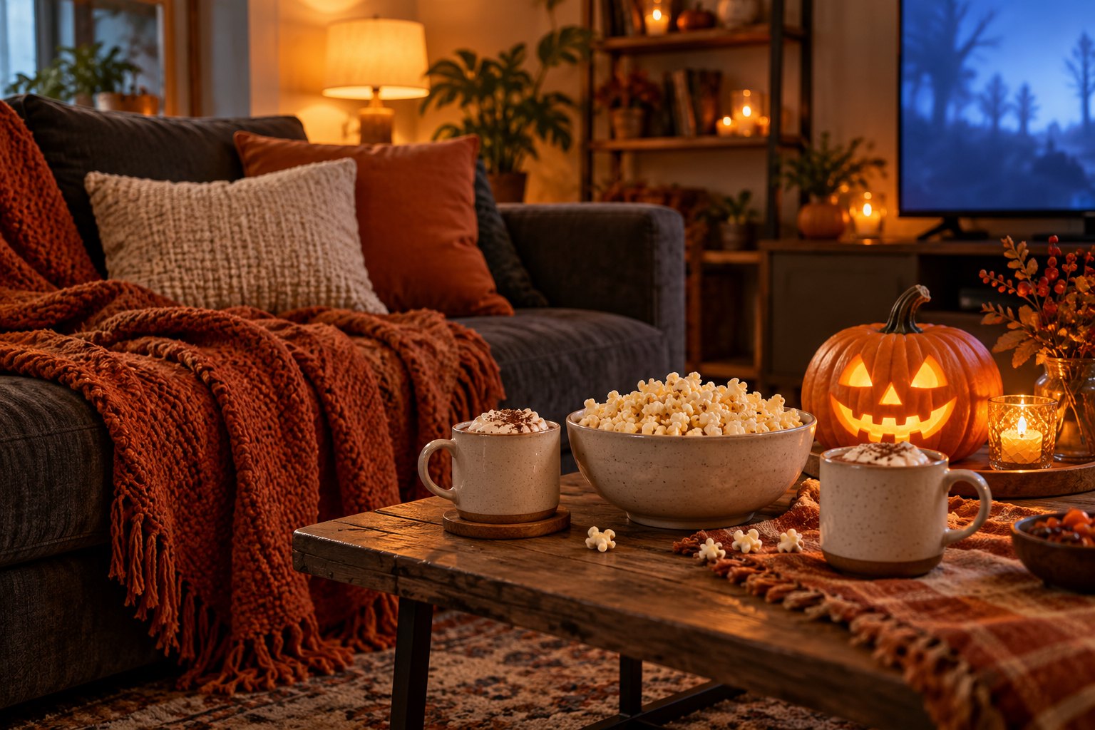 A cozy living room with an orange throw, popcorn, cocoa mugs, and a glowing jack-o’-lantern beside a television.