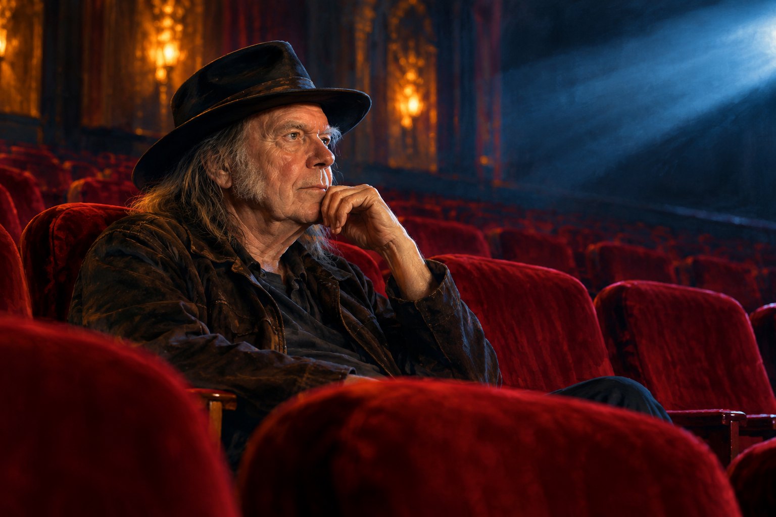 Editorial illustration of Neil Young in a dark hat watching a screen from a red theater seat.