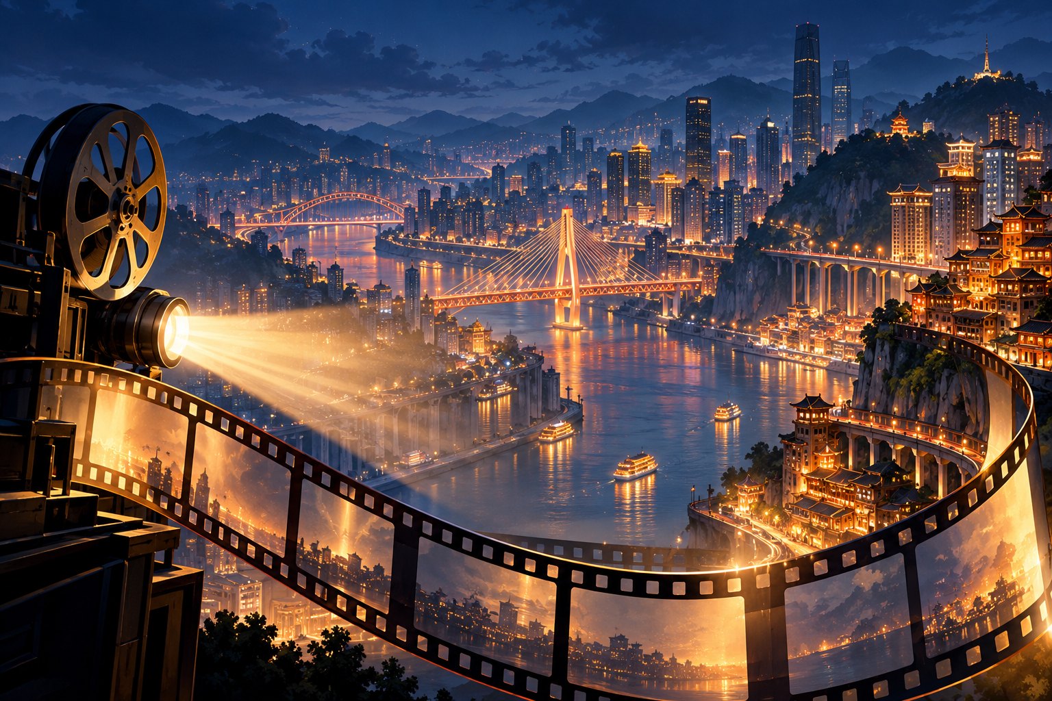 重庆山城、江桥与电影胶片光束交织的夜景概念插画