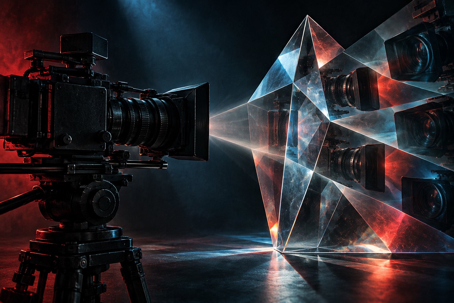 Conceptual illustration of a cinema camera facing a glass prism amid red and blue light.