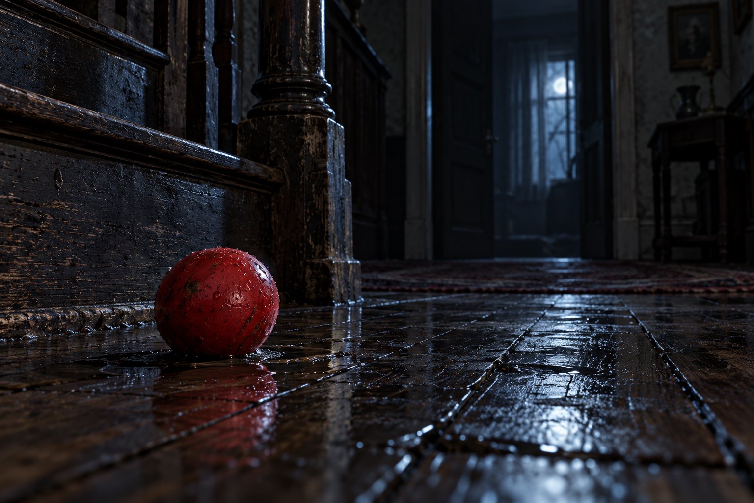 A wet red rubber ball rests beside an old wooden staircase in a moonlit, empty hallway.