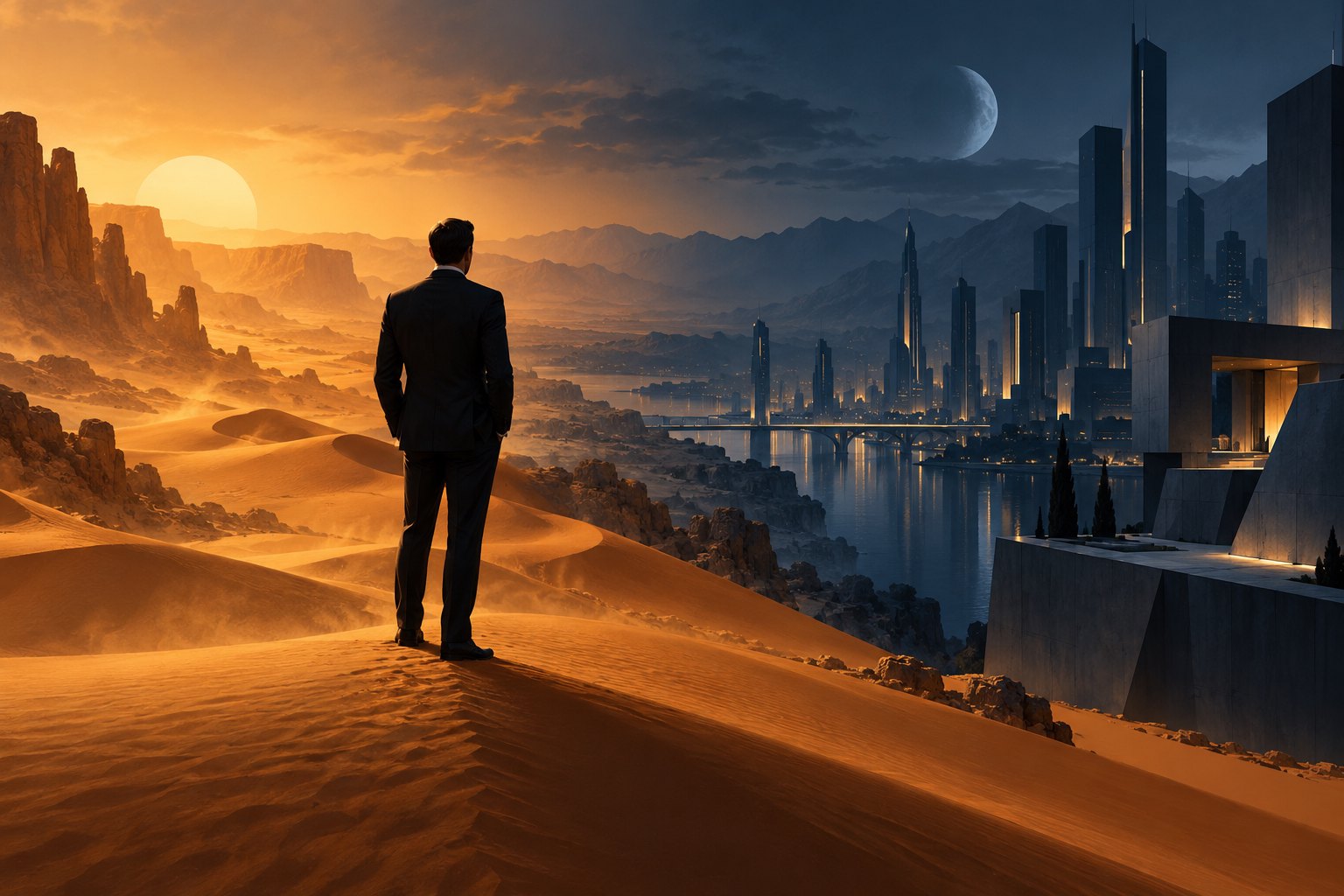 Conceptual illustration of a suited man standing between golden desert dunes and a blue city beneath a crescent moon.