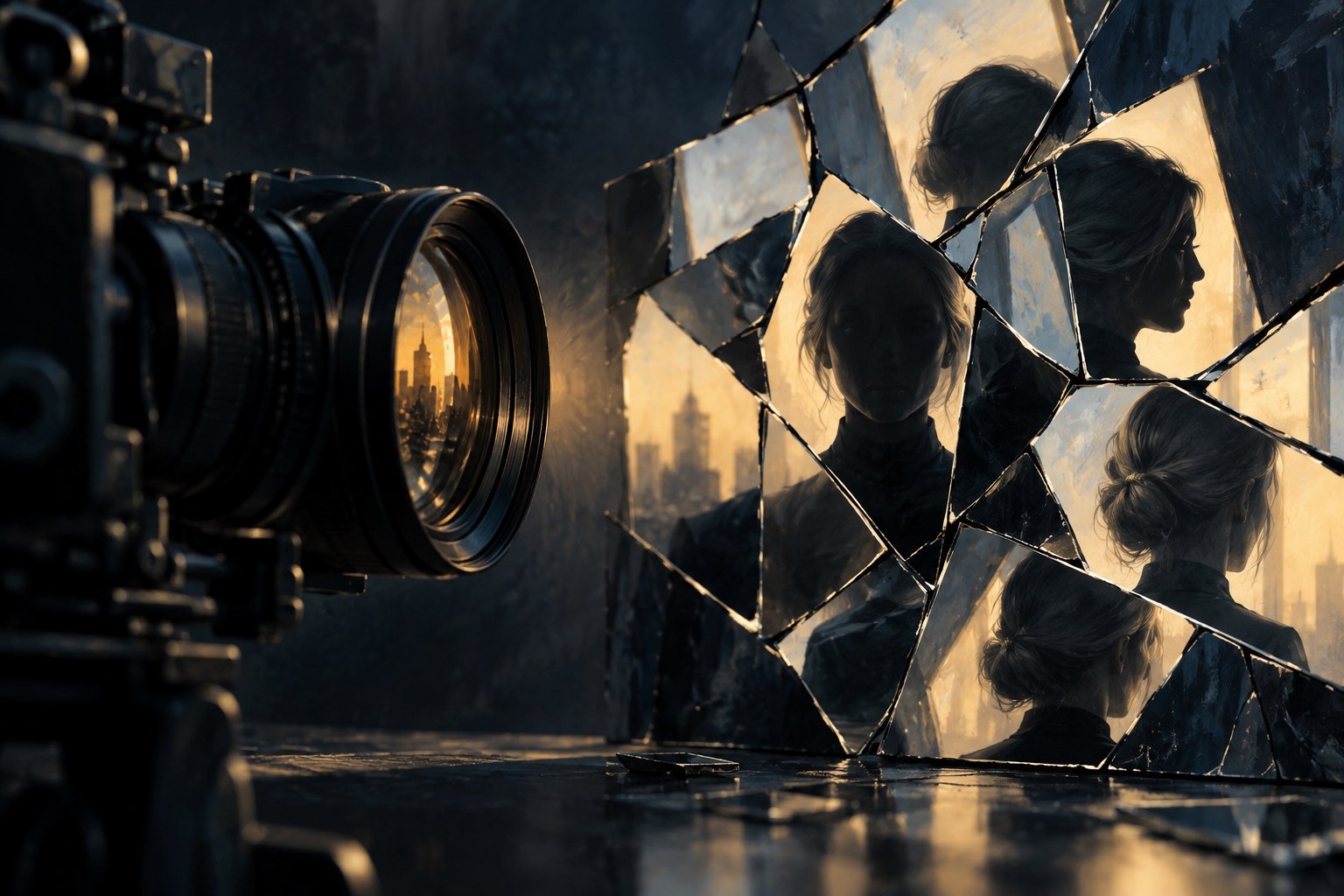 Conceptual illustration of a movie camera facing fractured mirrors that reflect an anonymous silhouette in amber light.