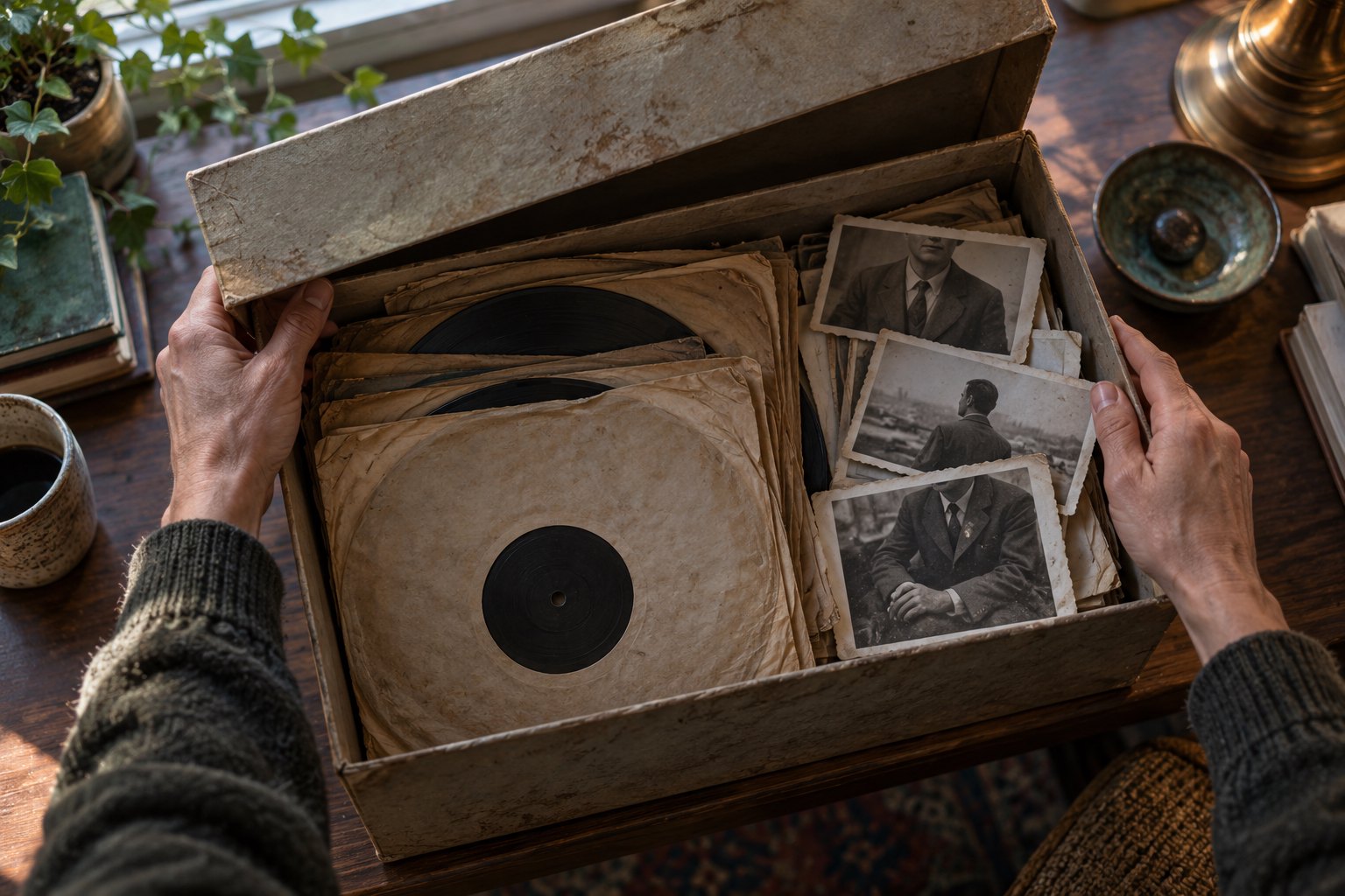 Conceptual illustration of hands opening an archival box containing old records and photographs of men.