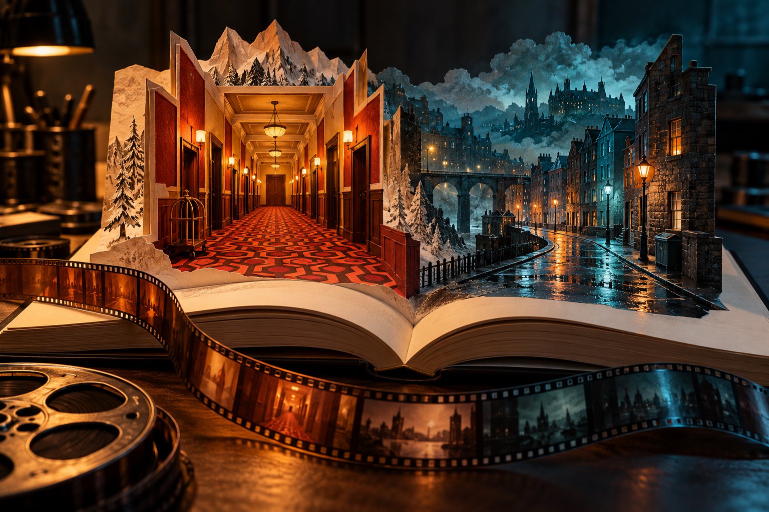 An open book unfolds into a miniature hotel corridor and a rainy Scottish street, with film strips curling across the desk.