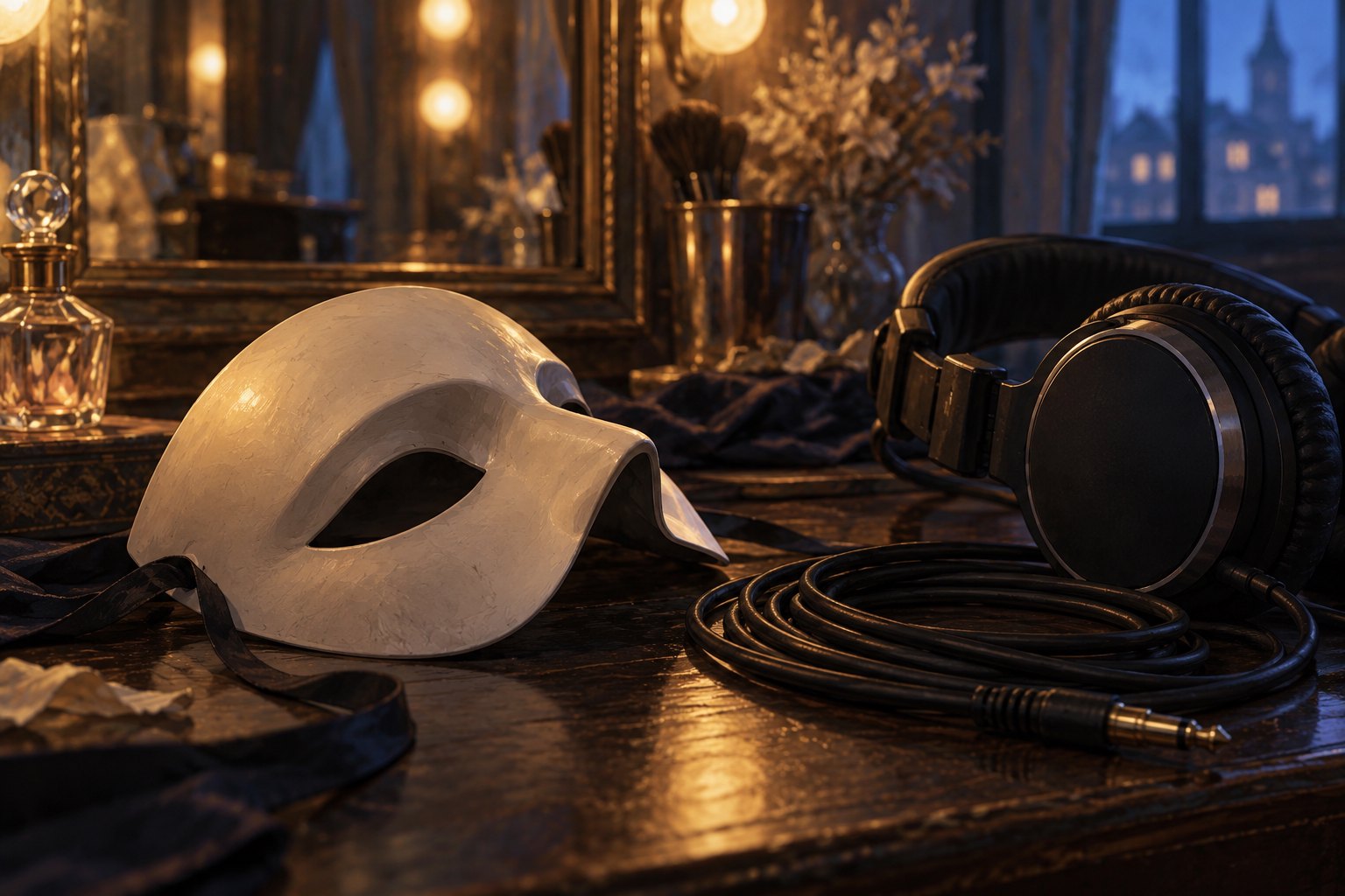 Original conceptual illustration of an ivory theatrical mask beside headphones and a coiled cable on a warmly lit dressing table.