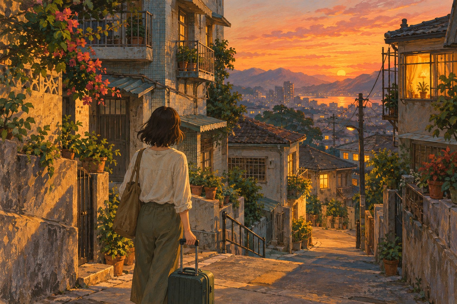 原創返鄉概念插畫:女子拖著行李停在夕陽下的老街,望向亮起燈光的住家