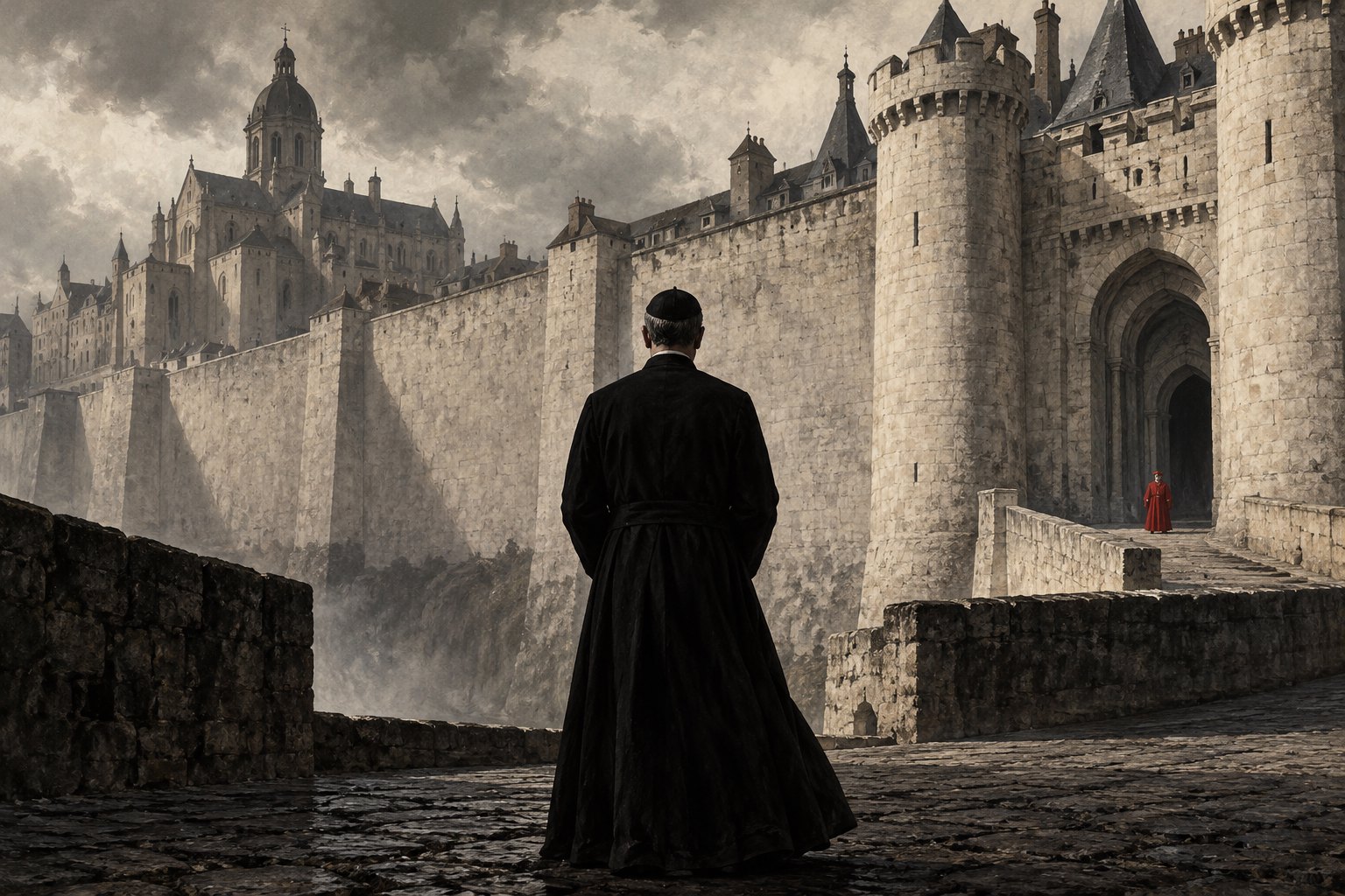 Original illustration of a black-robed priest facing towering town walls, with a distant red-clad figure beside the gate.