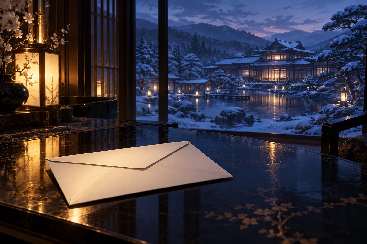 Symbolic illustration of an ivory envelope on a dark table overlooking a Japanese manor in winter.
