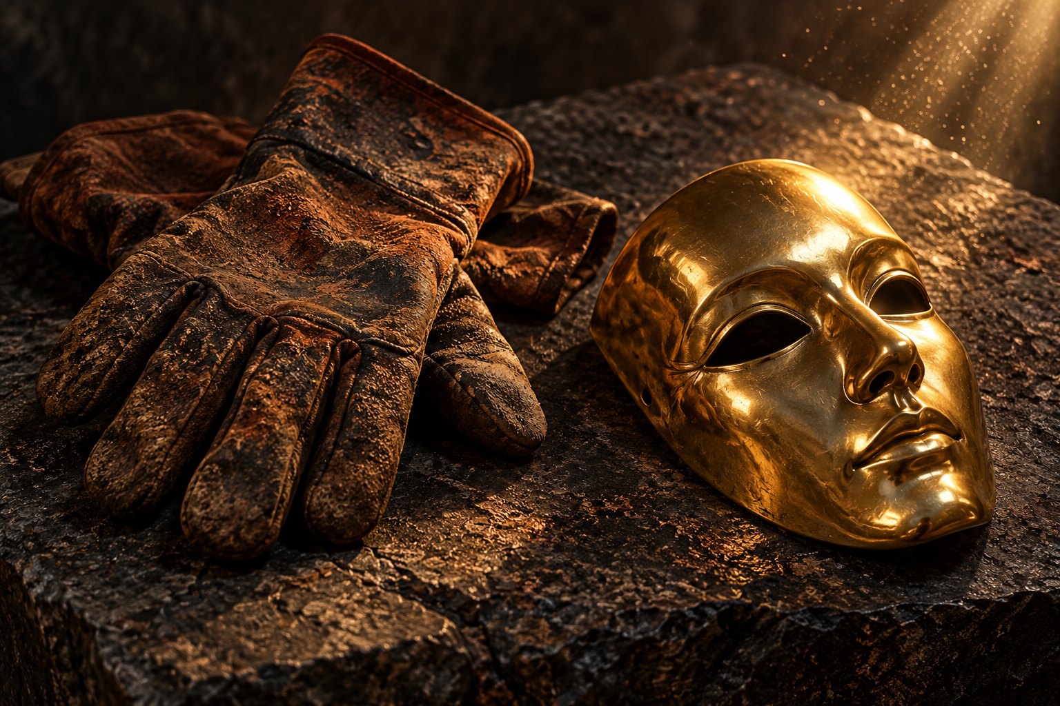 Symbolic illustration of worn mining gloves beside a polished gold mask on a dark stone surface.