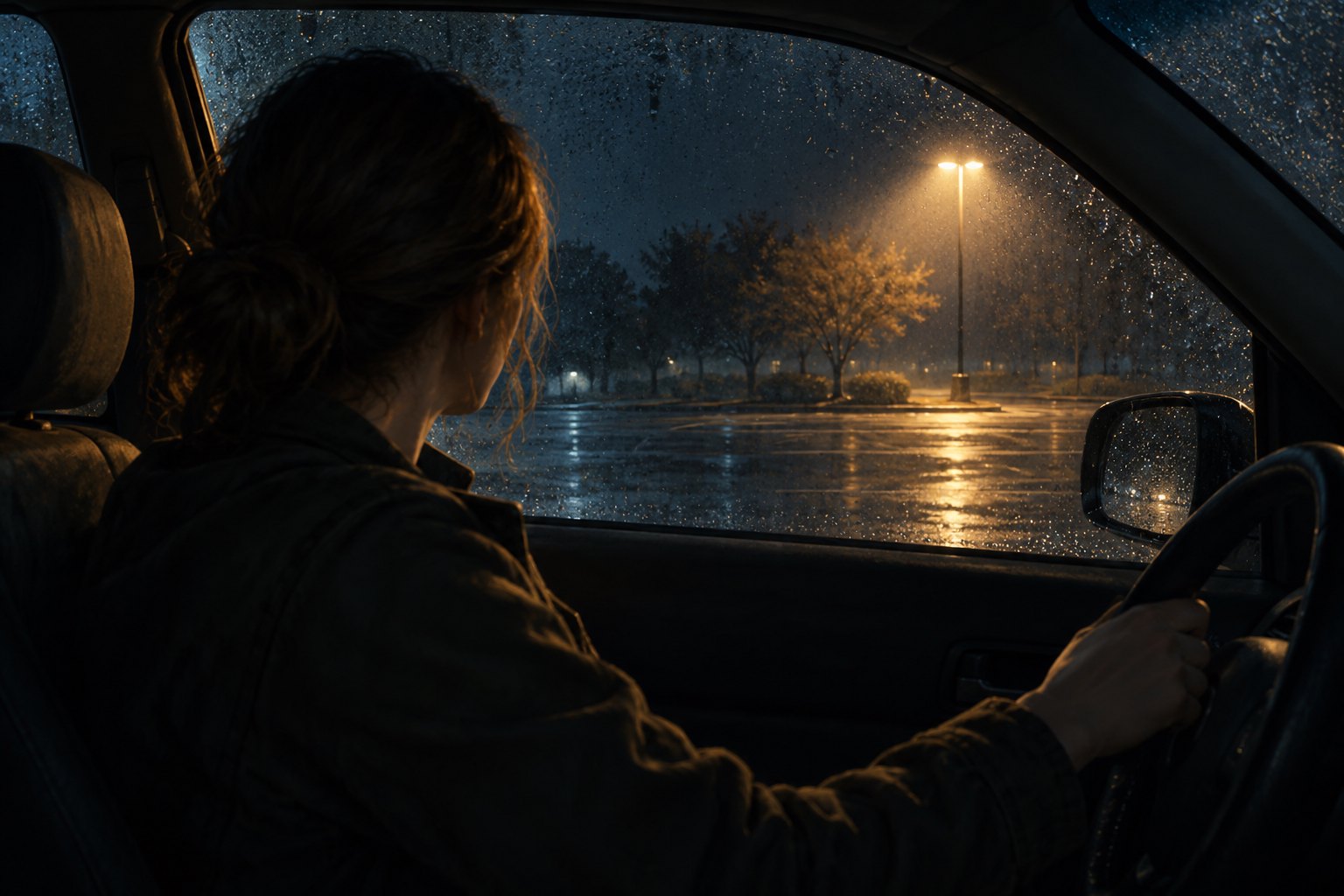 Conceptual horror illustration of a woman inside a parked car watching an empty parking lot through a rain-speckled window at night.