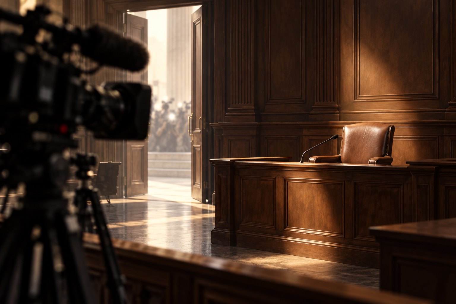 Conceptual illustration of an empty courtroom witness chair beside an open doorway, with a press camera in the foreground.