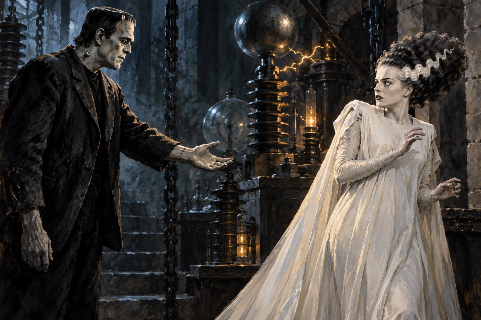 Gothic illustration of Frankenstein’s creature reaching toward the startled Bride amid shadowy laboratory equipment.