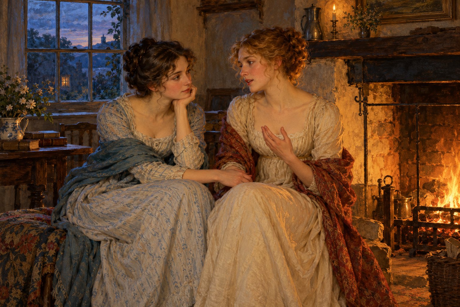 Literary illustration of two sisters in Regency dresses sharing a quiet conversation beside a cottage fireplace.