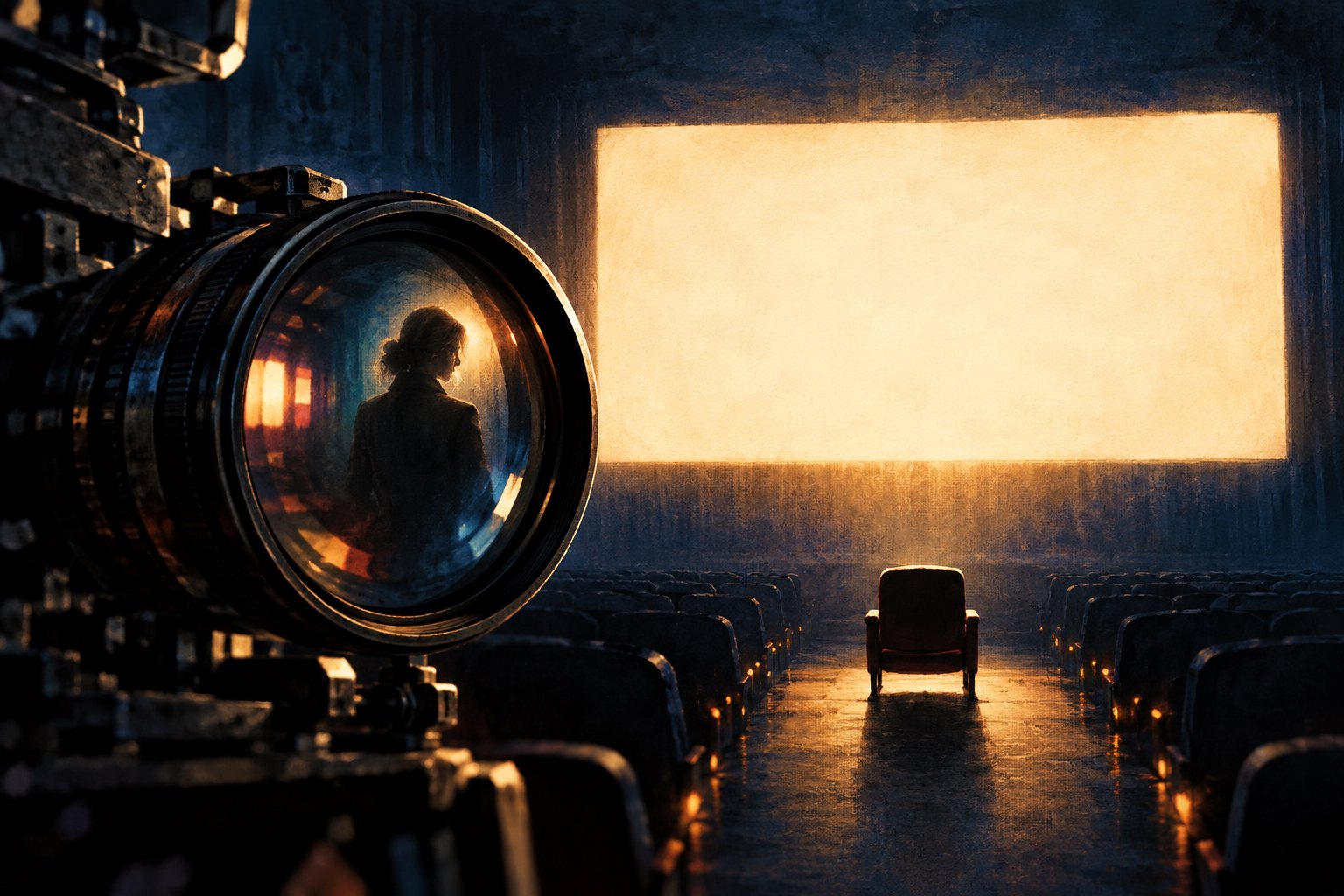 Conceptual illustration of an empty cinema chair facing a glowing screen, with a camera lens in the foreground.