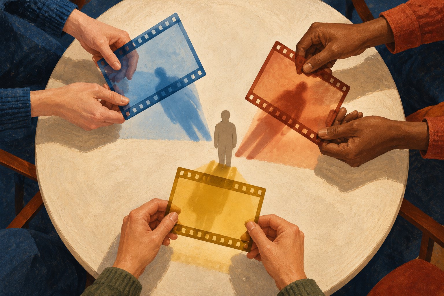 Conceptual illustration of three pairs of hands holding colored film frames around a small human silhouette on a round table.