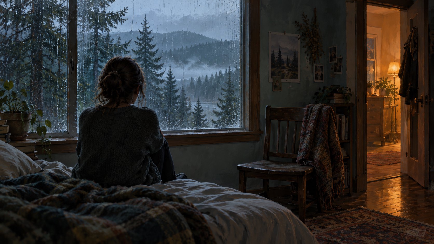 年輕女子背對觀者坐在雨窗旁,空椅與門外暖光映襯孤獨心境的概念插畫,非電影劇照