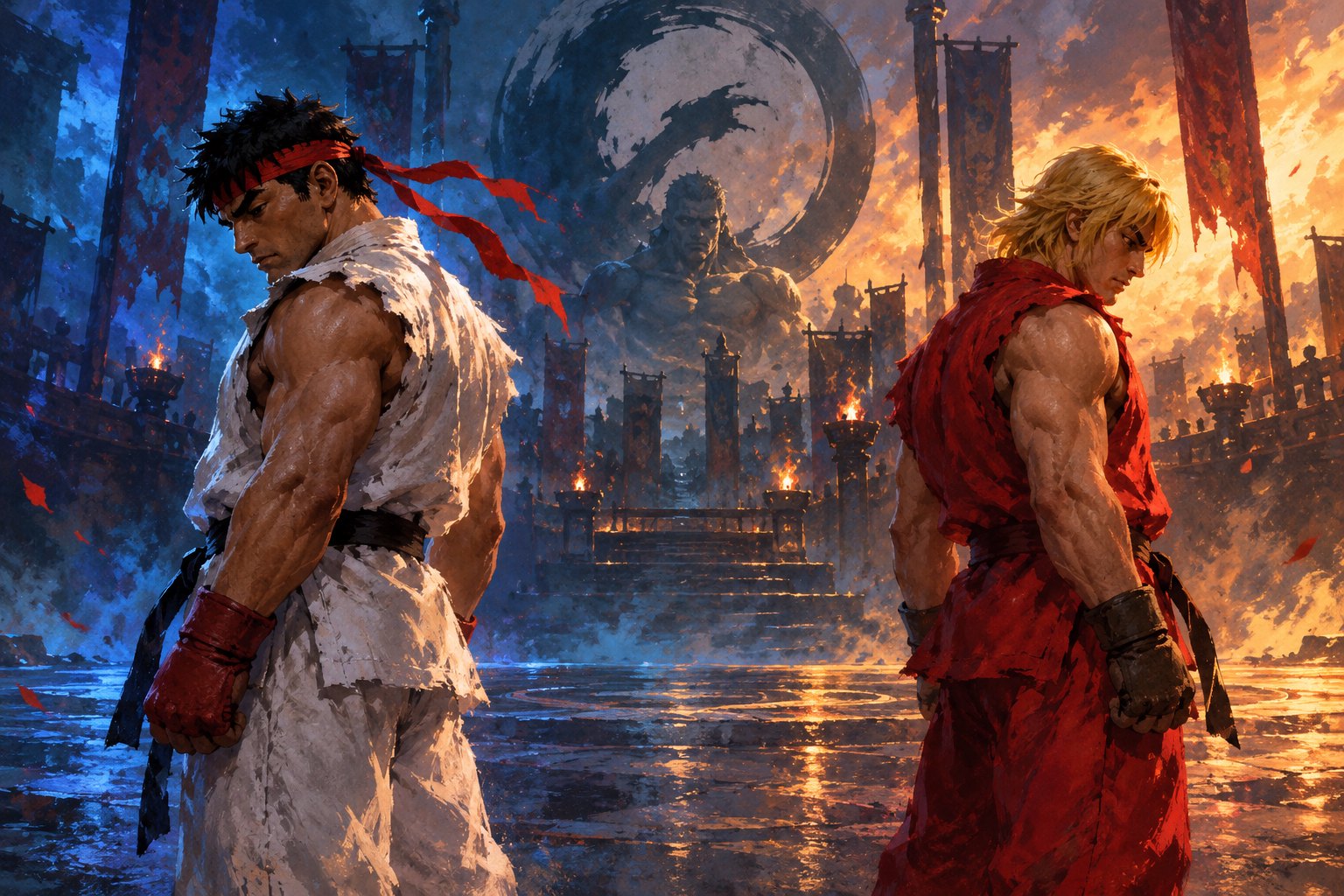 Painterly concept illustration of Ryu and Ken standing apart in a dramatically lit tournament arena.