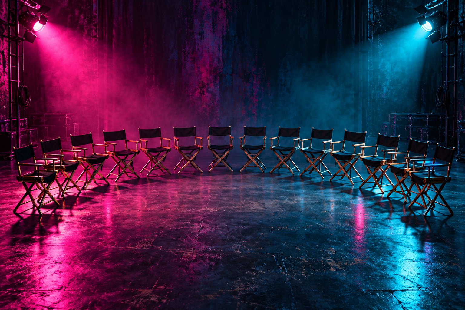 Conceptual illustration of empty actors’ chairs arranged across a stage under magenta and cyan lights.