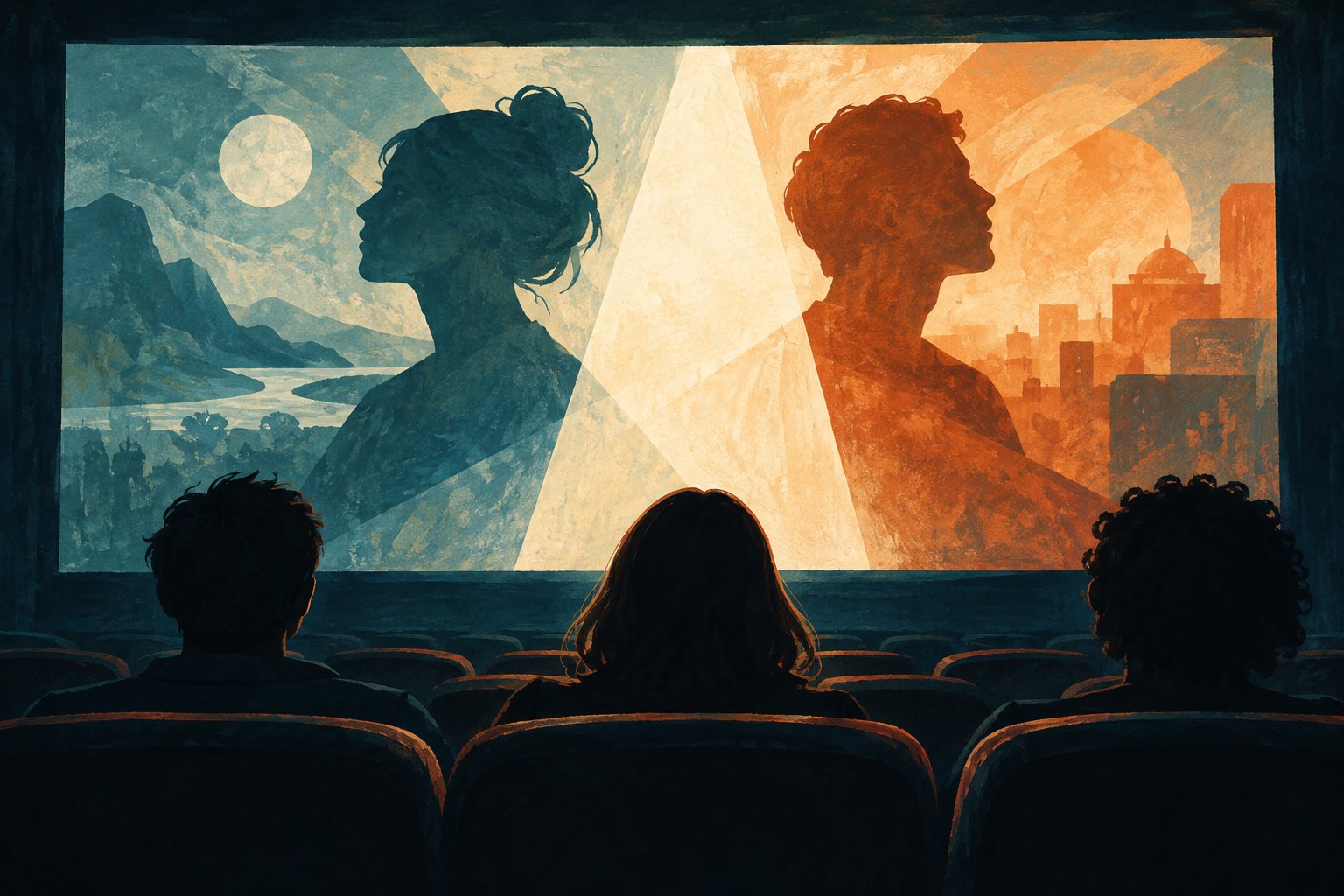 Painterly illustration of three moviegoers watching two contrasting human silhouettes on a glowing cinema screen.