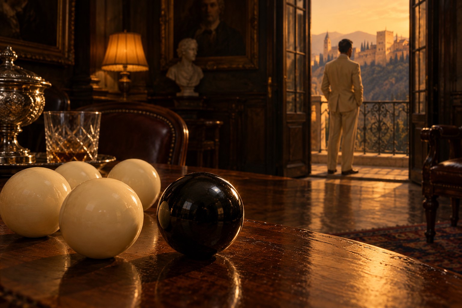 Symbolic illustration of black and ivory voting balls on a wooden table, with a solitary man overlooking Granada at sunset.