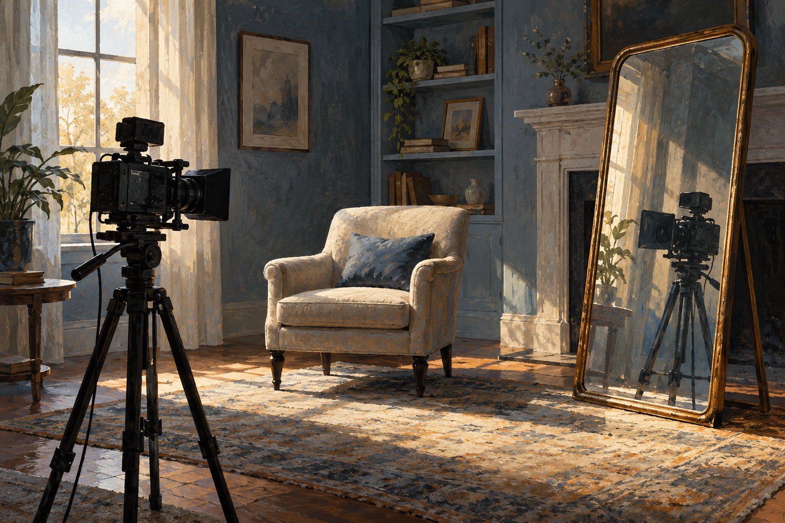 Conceptual illustration of a documentary camera facing an empty chair beside a mirror reflecting the camera.