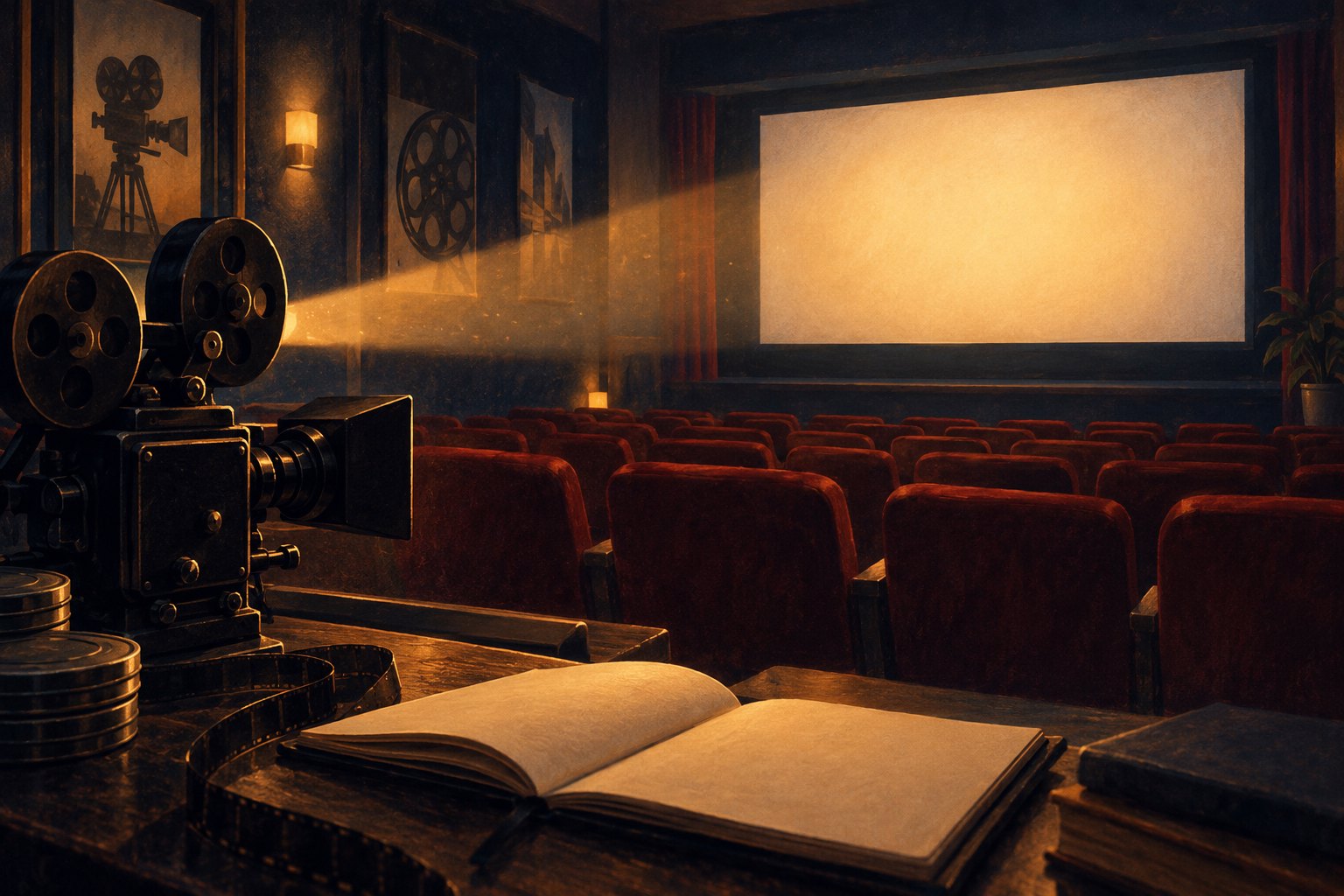 Conceptual illustration of an empty screening room with red seats, a projector beam, a film camera, and an open notebook.