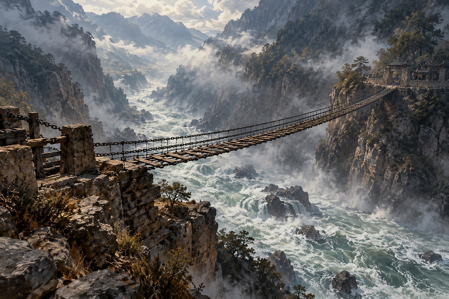 飞夺泸定桥主题插画:薄雾山谷中的铁索桥横跨湍急河流,非历史现场复原