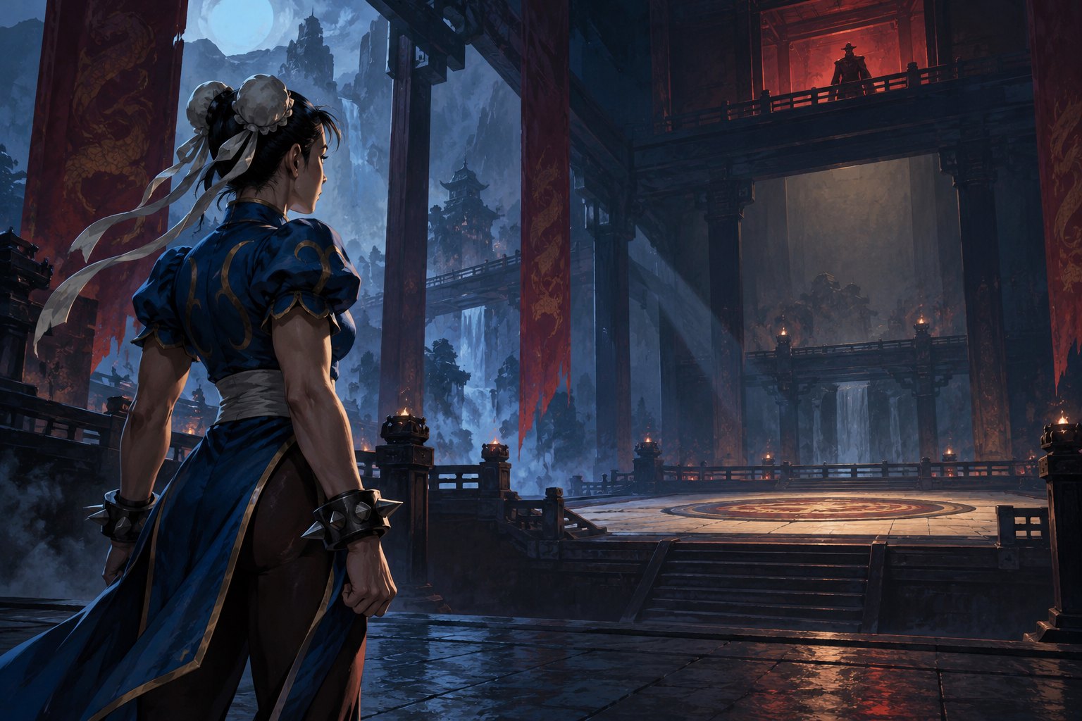 Concept illustration of Chun-Li overlooking an empty fighting platform beneath a shadowy figure on a red-lit balcony.
