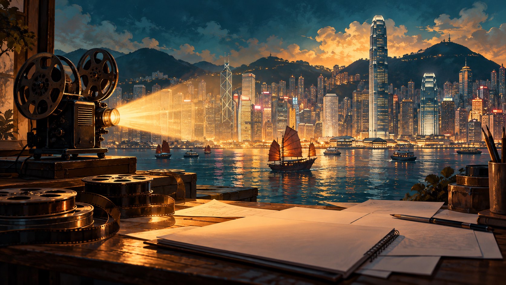 放映機的暖光映向香港海港天際線，桌上擺放膠卷與畫稿的原創概念插畫