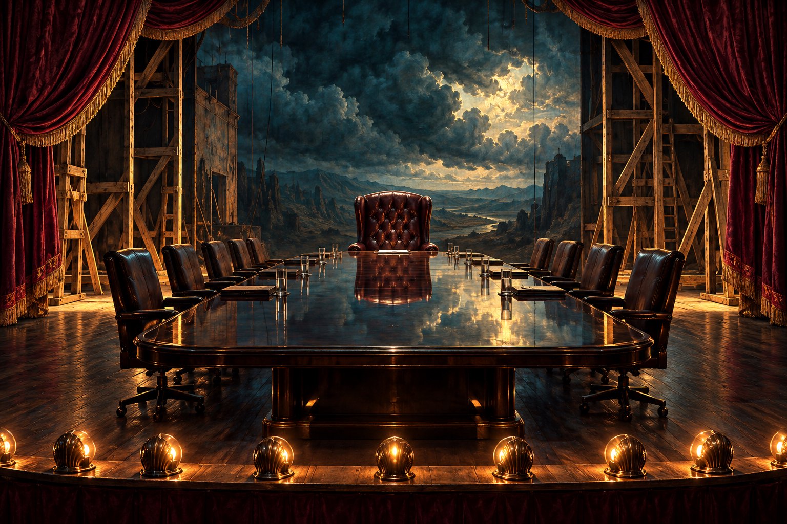 Conceptual illustration of an empty boardroom on a theater stage with exposed scenery and a stormy backdrop.